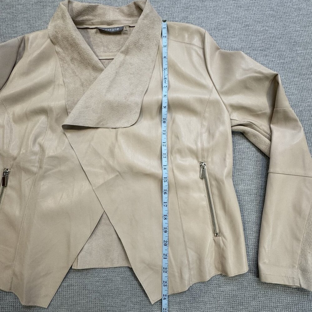 Bagatelle Womens Size L Beige Faux Leather Draped Jacket Open Front Long Sleeve - Picture 14 of 16